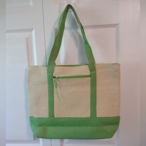 Tan & Light Green Woven Tote Shoulder Large Bag 17" x 13" X 4" Zip Closure